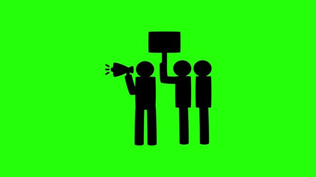 Premium 4K video showcasing a group of activists holding signs with a leader shouting into a megaphone silhouette bouncing. Clean campaign asset.