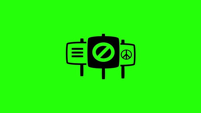 Premium 4K motion graphic of multiple placard protest billboard stands with a peace logo silhouette bouncing. Clean asset for revolution event video.