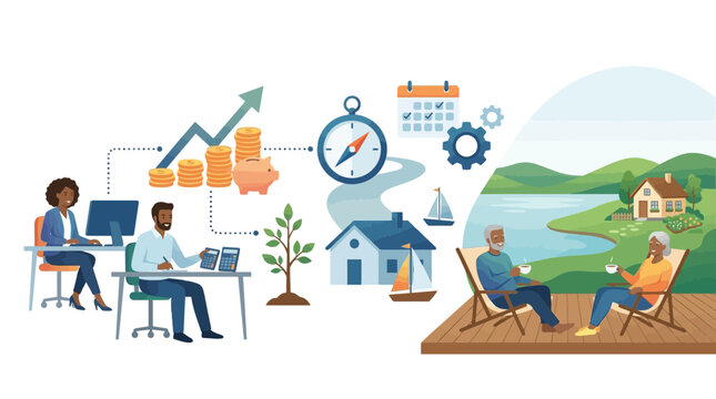Retirement planning concept with people working and relaxing in a scenic landscape