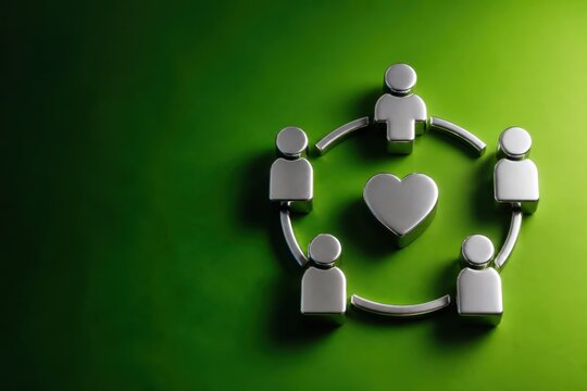 Teamwork and community support concept with people icons surrounding a heart on green background