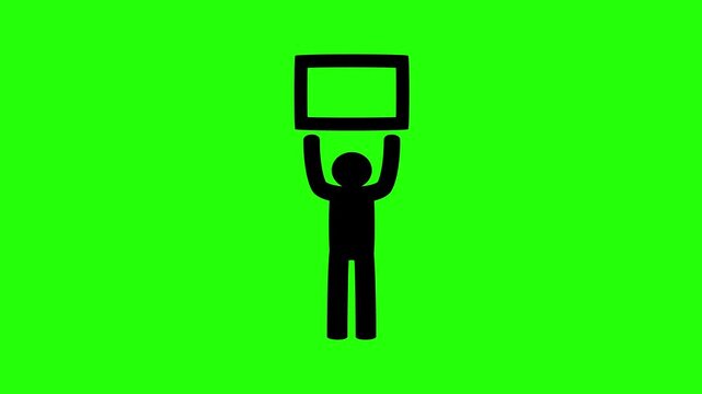Beautiful 4K video showing a person standing and holding a blank placard banner above head silhouette bouncing. Clean political freedom graphic.