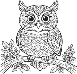 Obraz premium Cute Cartoon Owl on Branch Coloring Page