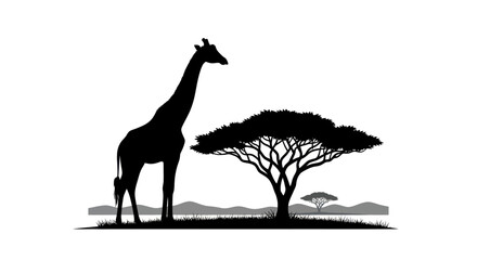 Giraffe and Acacia Tree Silhouette Vector © Vect