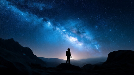 Fototapeta premium Astronaut standing on rocky mountain under Milky Way sky, deep space exploration concept, cosmic adventure, human ambition, night landscape, galaxy background, future mission, soli