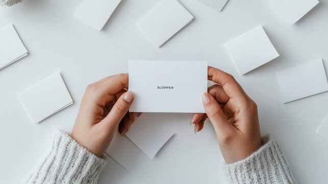 Hands holding a blank card among scattered cards on a table  