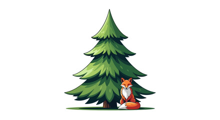 Obraz premium Cute cartoon red fox sitting under a green pine tree