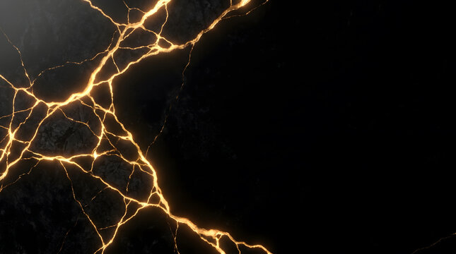 Gold cracks on black marble texture background.