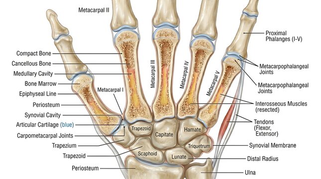 Comprehensive dorsal view of the human hand skeleton showing carpals, metacarpals I&ndash;V, proximal and distal phalanges, compact and cancellous bone, medullary cavities, synovial joints, tendons, interos