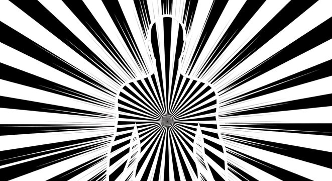 Black and white radial geometric pattern design.