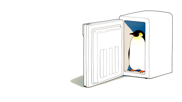 暑さを逃れて冷蔵庫の中に入って涼むペンギンのイラスト。