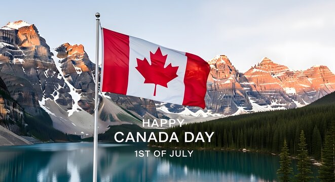 Canadian flag waving against majestic mountain landscape for canada day