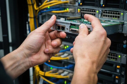 IT technician installing networking hardware in a server rack