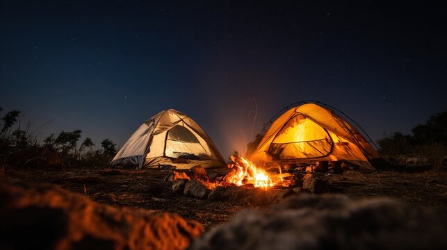 communal. Two small tents at a campsite with glowing campfire embers under a starry night sky. tutorial guides, club newsletters, designed for sports & leisure club marketing.