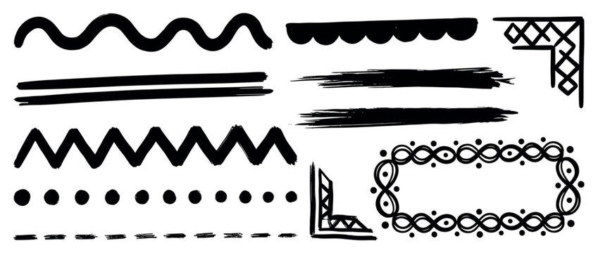 Hand-drawn black ink brush stroke elements set with various decorative shapes, including wavy lines, zigzags, dots, borders, corners, and an ornamental frame for graphic design