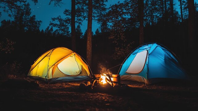 communal. Two small tents at a campsite with glowing campfire embers under a starry night sky. tutorial guides, club newsletters, designed for sports & leisure club marketing.