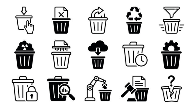 Collection of black trash can icons representing deletion, recycling, waste management, and data security concepts in a minimalist glyph style for user interface design