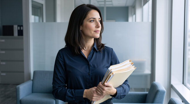 Businesswoman holding a stack of folders in a modern office. Professional female employee standing in a corporate hallway