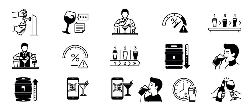 Set of minimalist bar service icons featuring a bartender mixing cocktails, beer pouring from a tap, wine tasting, happy hour, and a QR code for a digital menu