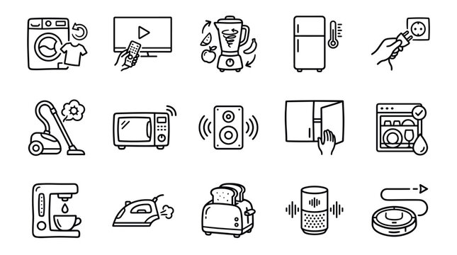 Set of black line art icons representing various household appliances and home electronics like a washing machine, refrigerator, television, and smart speaker in a minimalist doodle style