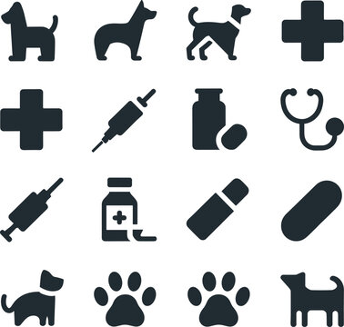 Veterinary medicine icons set, pet healthcare symbols for clinic signage, 16 black silhouette vector graphics for animal hospital and dog care