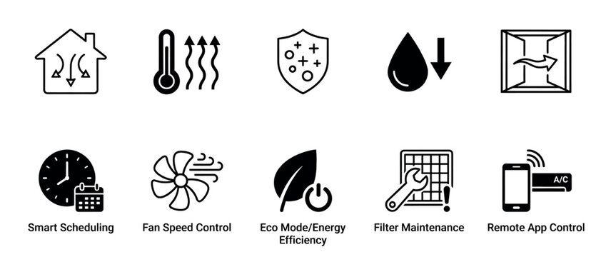 Set of black HVAC icons representing air conditioner features like smart scheduling, remote app control, fan speed, eco mode, and filter maintenance for climate control systems