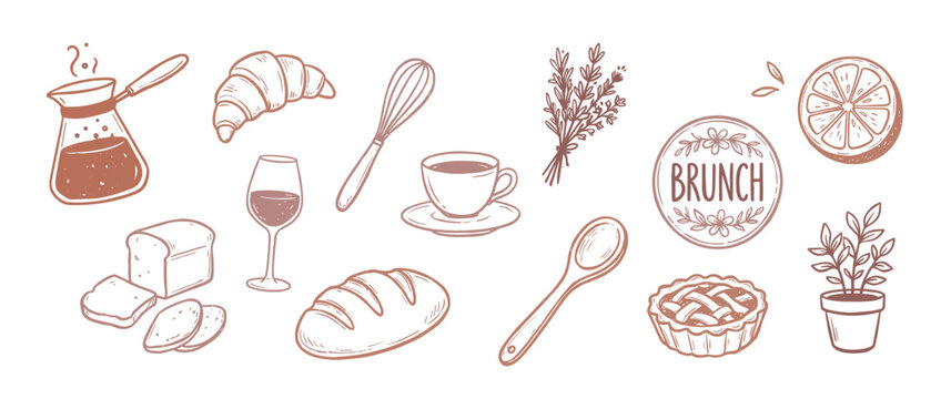 Hand-drawn brunch food and drink illustrations set with coffee, croissant, bread, wine, and pie in a charming doodle style for cafe menus or culinary designs