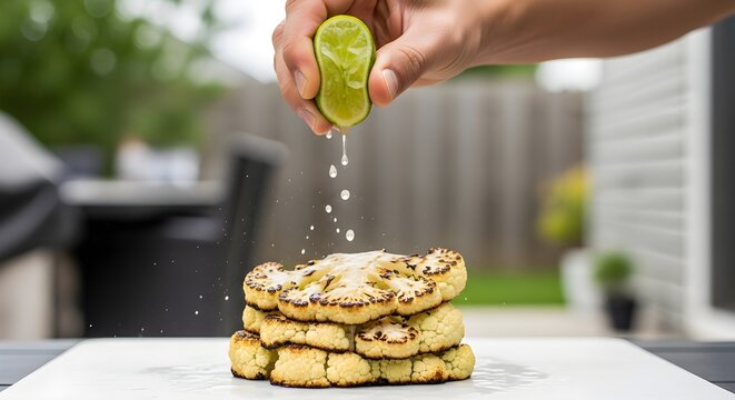Man's hand squeezing fresh lime juice over a stack of grilled cauliflower steaks