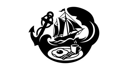 Nautical Breakfast Scene, Vintage Sailing Ship, Anchor and Waves, Classic Maritime Meal SVG © mehrima