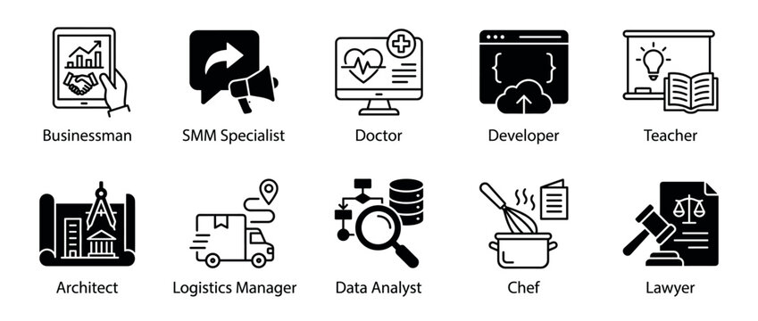 Collection of black glyph icons representing various professions like doctor, lawyer, teacher, and developer for business and career concepts in a minimalist vector style
