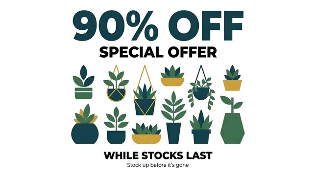 Colorful potted plants with ninety percent off sale sign.