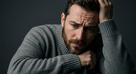 Obraz premium Portrait of a thoughtful man in a grey sweater. Pensive male with hand on head