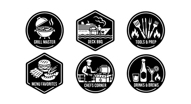 6 Restaurant silhouette icons, food service set, solid black style, food and drink