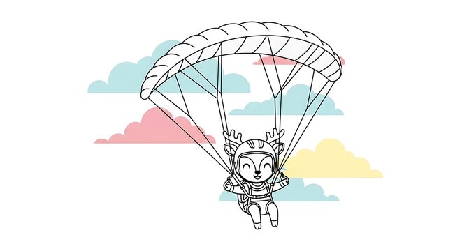 Line drawing of a cute deer with antlers wearing a helmet, flying with a parachute, and clouds