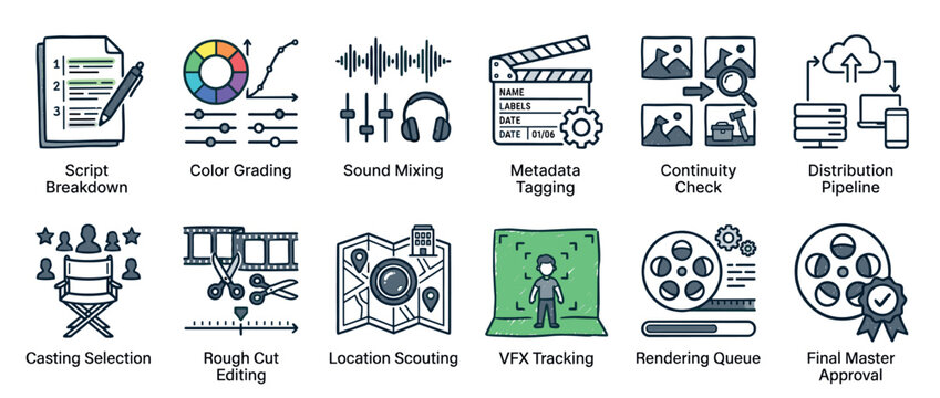 Collection of twelve video production icons in a hand-drawn sketch style, showing the complete filmmaking process from script breakdown and casting to post-production and distribution