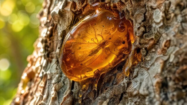 Golden amber copal resin trapped in tree bark containing a preserved insect.