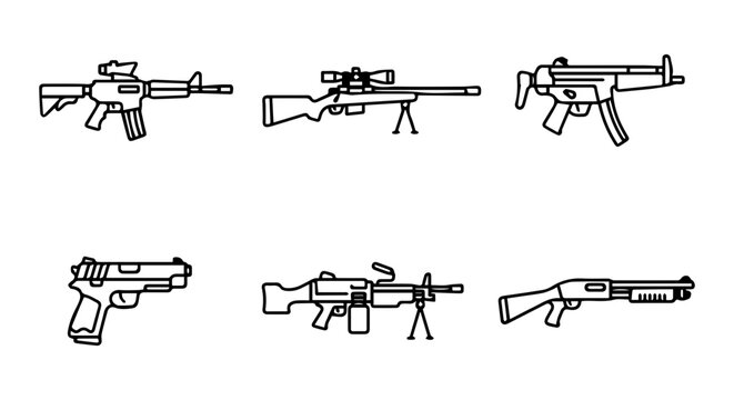 6 Firearm silhouette icons, guns set, solid black style, military category