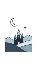 Naklejka premium Minimalist illustration of a castle silhouette under a crescent moon and star, set against a rolling hill landscape