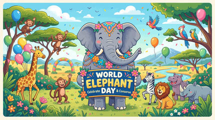 World Elephant Day Celebration with Diverse Animals in African Savanna Landscape © Wahyu