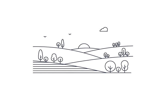 Minimalist line art depicting rolling hills with stylized trees, a distant sun, and a few birds in the sky