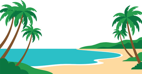 Obraz premium Vibrant cartoon illustration of a serene tropical beach with palm trees, blue ocean, and sandy shore under a clear sky.
