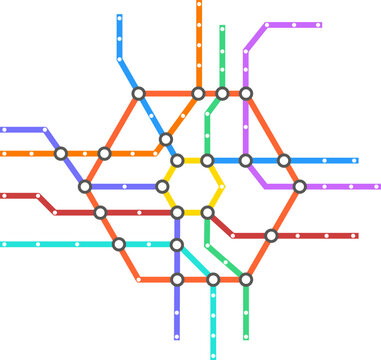 Colorful abstract diagram showing a complex system of metro lines and connected stations