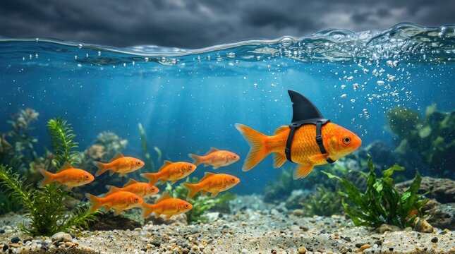 Goldfish with Shark Fin Leading a School Underwater.