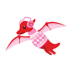 Cute cartoon red pterodactyl flying in pink winter sweater and earmuffs © Linocut