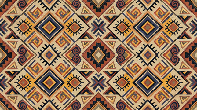 Vibrant african mudcloth pattern featuring geometric sun and spiral motifs in warm desert colors.