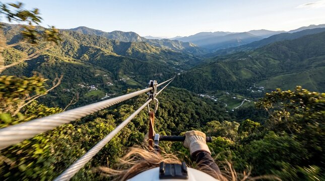 Person Slacklining High Above Lush Green Mountain Valley at Sunrise.