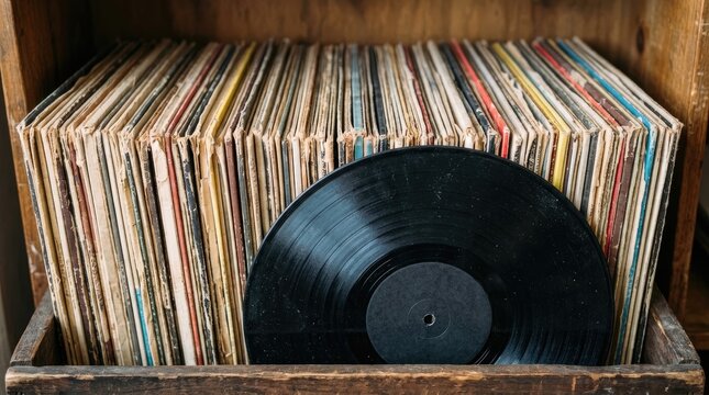 Vintage Vinyl Records Collection Stored in Wooden Crate.