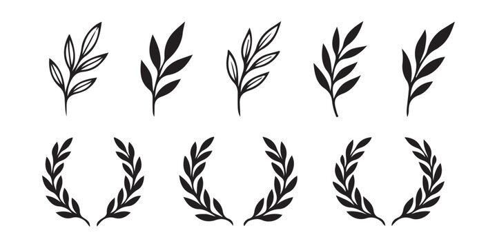 Set of black hand drawn floral leaves and laurel wreath branches for design decoration