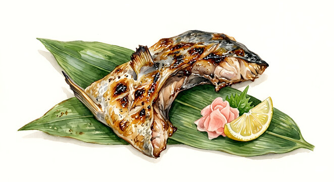 Watercolor grilled fish collar illustration, delicious Japanese roasted hamachi kama on bamboo leaf with lemon, asian food isolated on white background.