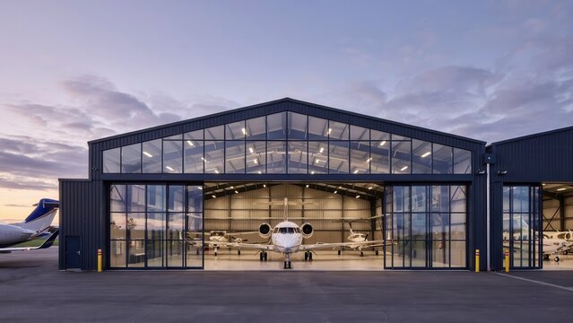 Large modern aircraft hangar at sunset with planes inside