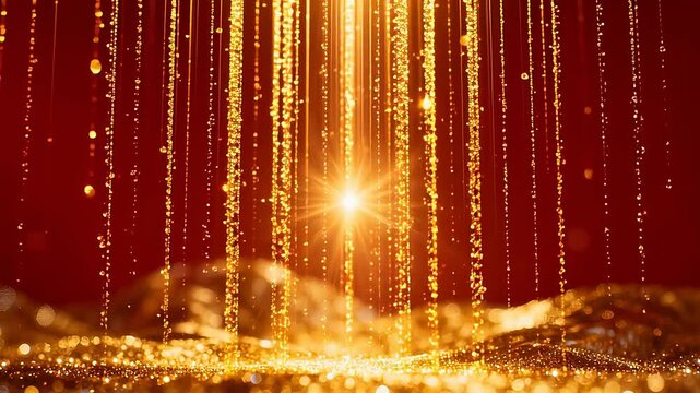 Golden sparkles and light rays on red background